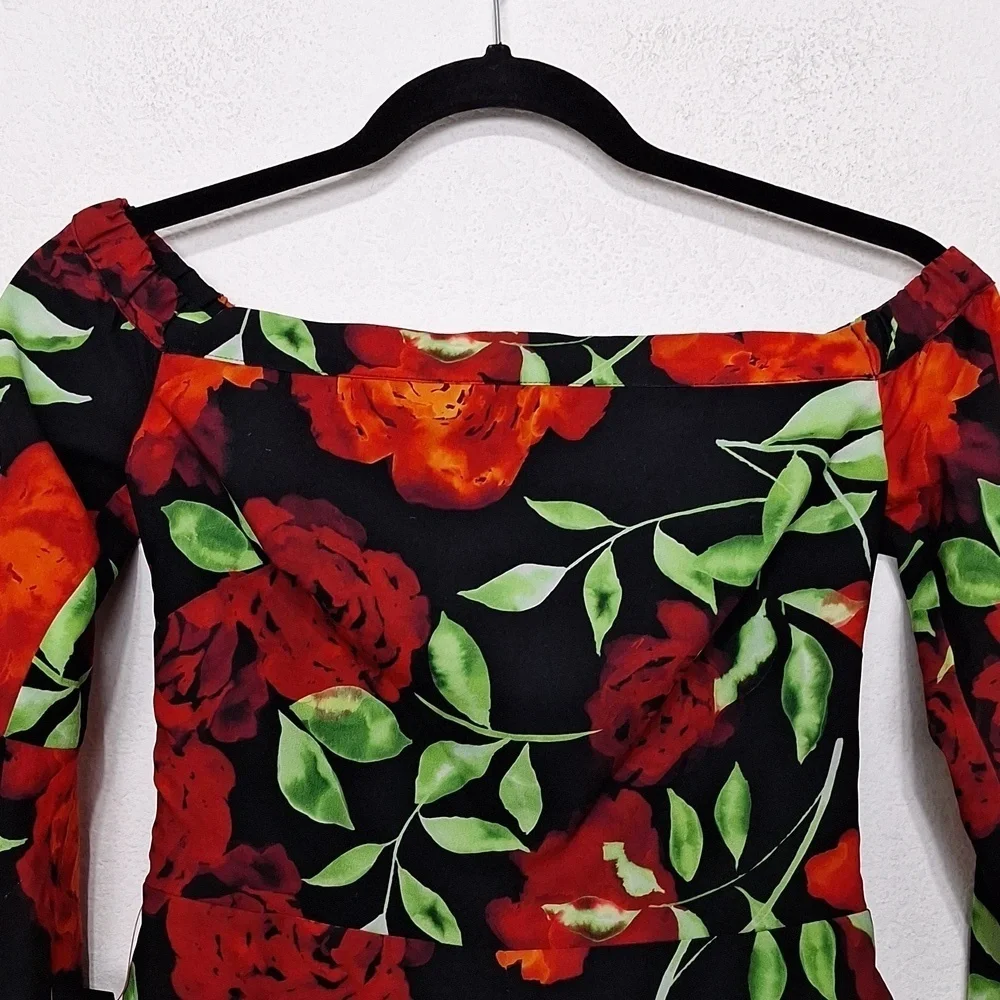 Bebe NEW Red Black Romantic Bohemian Off Shoulder Floral Print Romper Size 0